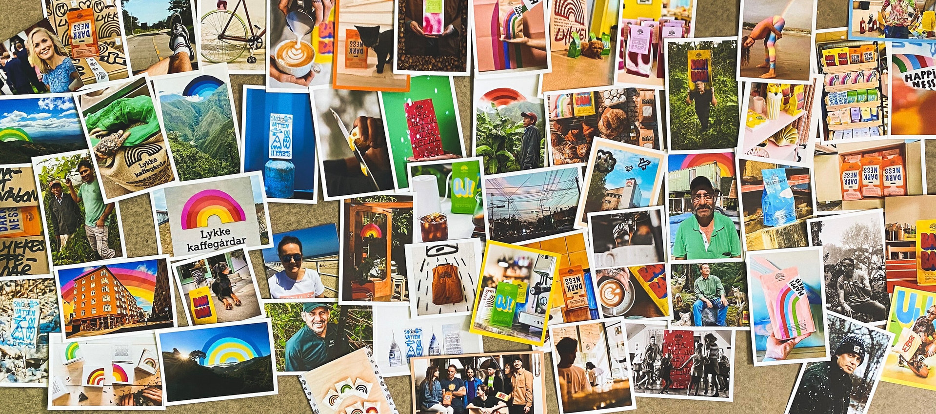 Collage aus Fotos mit Kaffeebohnen, zubereitetem Kaffee, Landschaften, Gebäuden, Menschen und Lykke-Kaffeegårdar-Produkten.