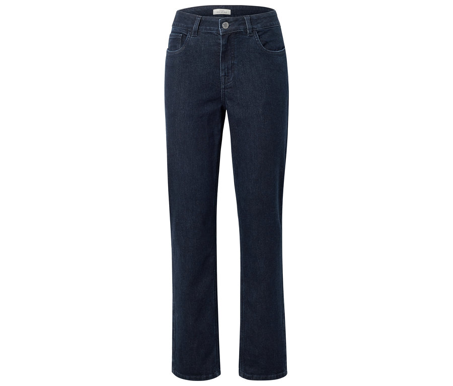 Dunkelblaue Jeanshose mit geradem Bein und Taschen vorne.