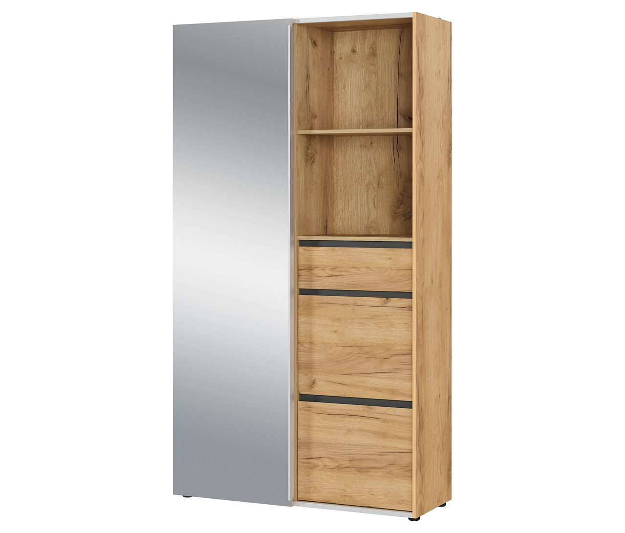 Die Kompaktgarderobe »Aledo« mit Spiegeltür hat offene Regale und drei Schubladen in Holzoptik.