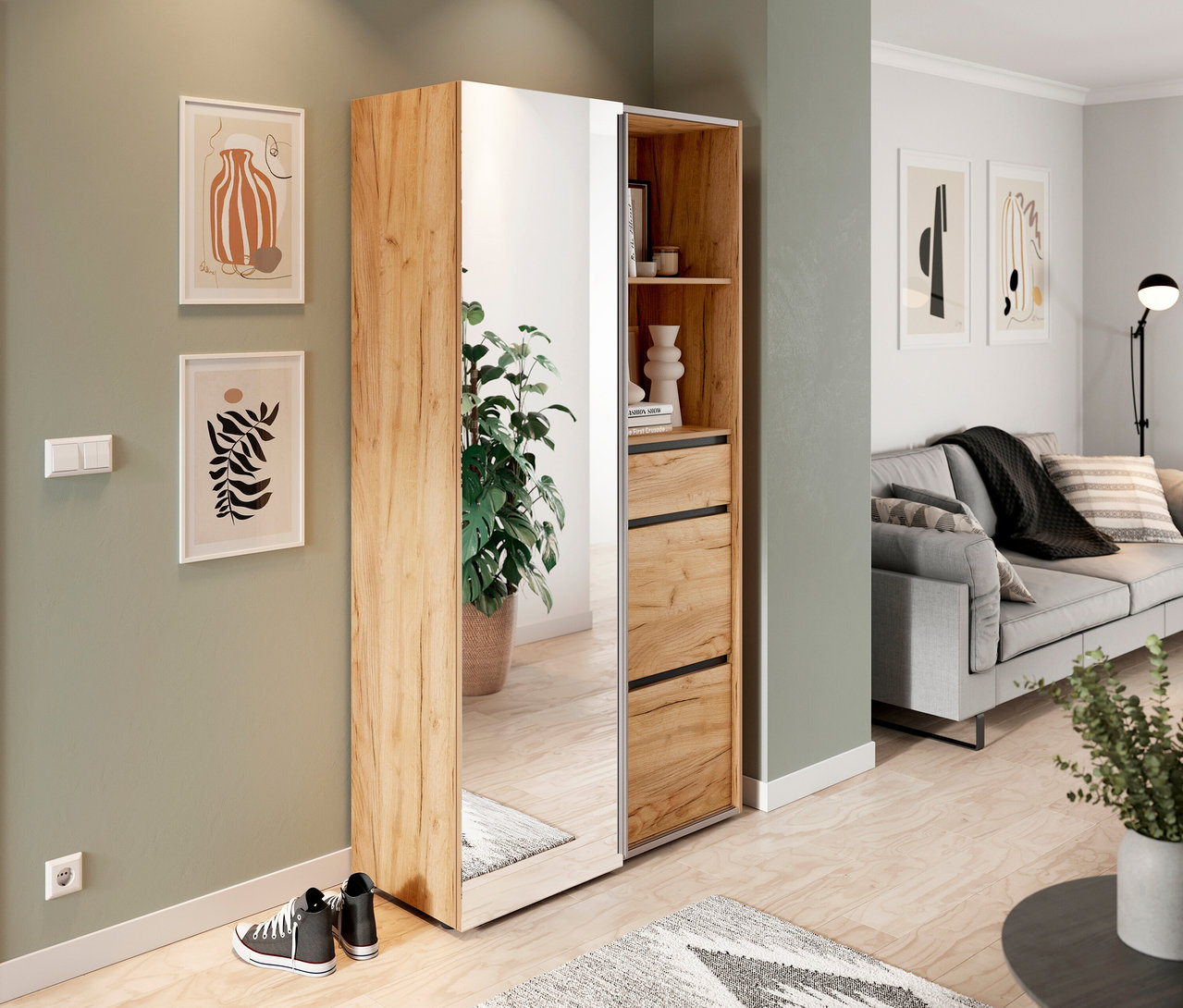 Im Wohnzimmer steht die Kompaktgarderobe »Aledo« mit Spiegel neben Bildern und Schuhen.