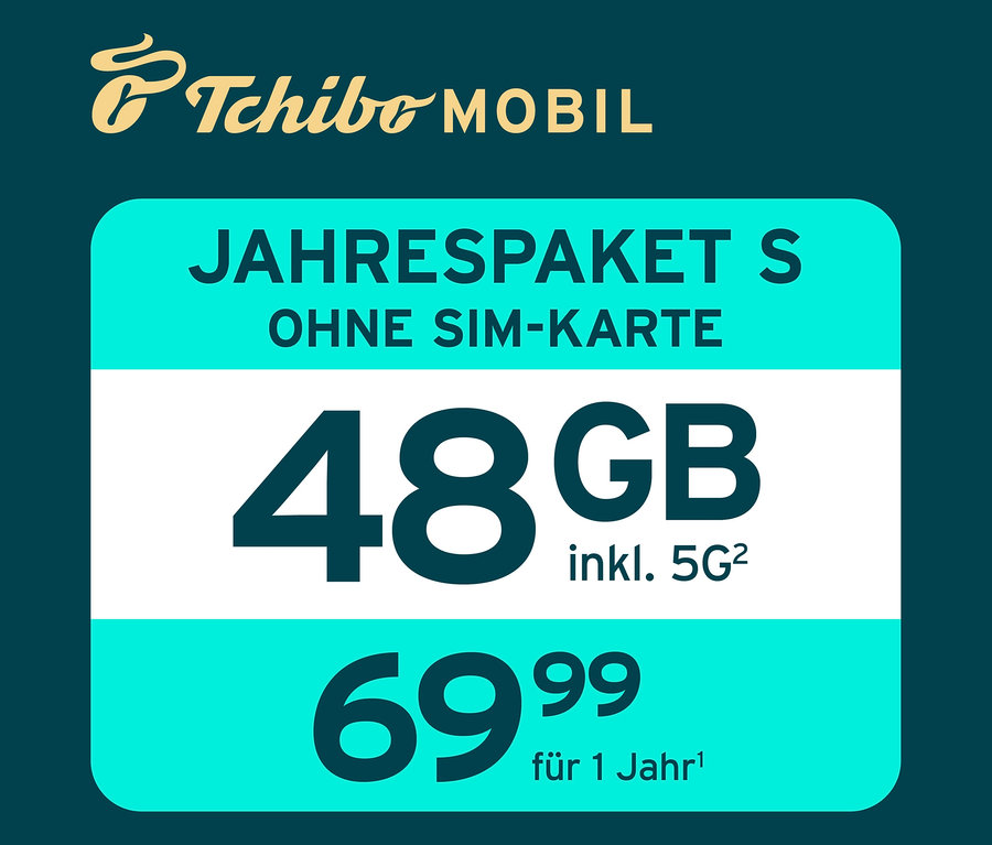 Tchibo Mobil Jahrespaket S ohne SIM-Karte mit 48 GB inklusive 5G für 69,99 Euro für 1 Jahr.