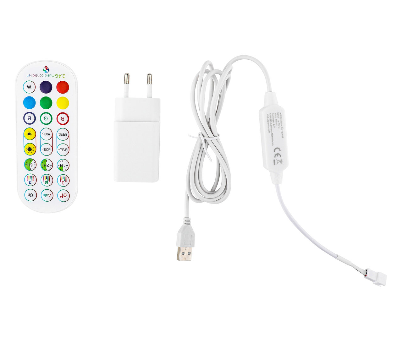 Feuerwerksleuchte mit Fernbedienung, Netzteil und Kabel.