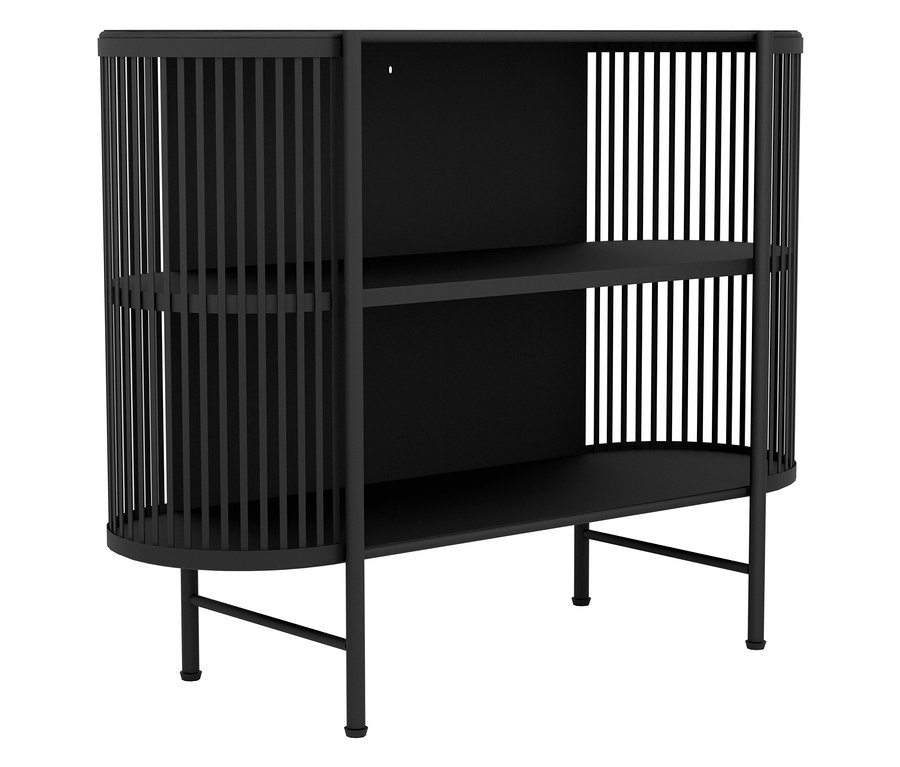 Schwarzes Regal mit drei Ablagen und vertikalen Streben an den Seiten.