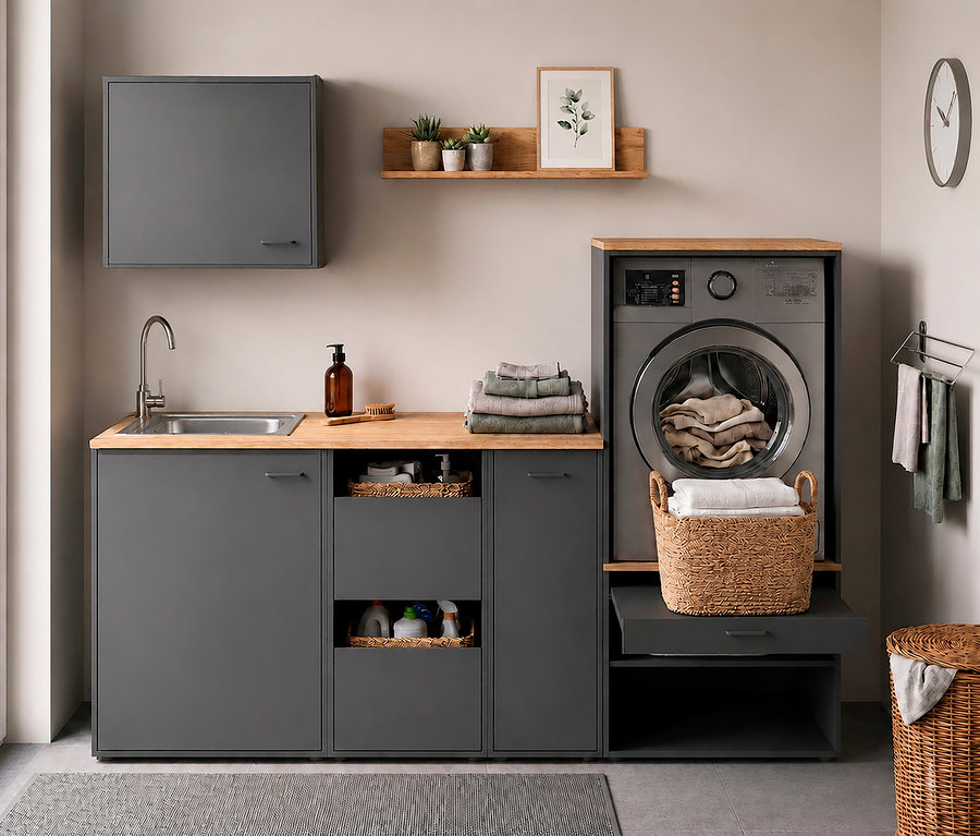 Modern eingerichteter Waschraum mit grauen Schränken und Holzablagen. Links ein Waschbecken mit Armatur, Seifenspender und Bürste auf der Arbeitsplatte. Darüber ein grauer Hängeschrank. An der Wand eine Regalablage »Solea« aus Holz mit Pflanzen und einem Bild. Rechts eine graue Waschmaschine mit Wäsche, in einen Schrank integriert. Darunter ein Auszug mit einem Korb voller Handtücher. Daneben ein Handtuchhalter und ein großer Wäschekorb.