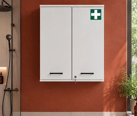 Weißer, matter Medizinschrank »Galeno« mit zwei Türen und grünem Kreuz an einer orangefarbenen Wand, daneben eine Dusche und eine Pflanze.