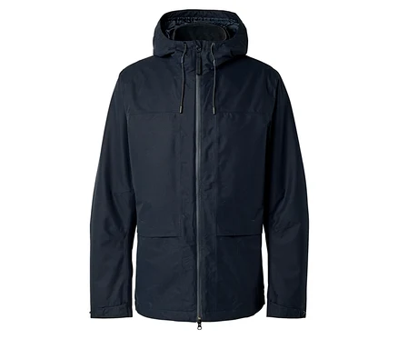 Dunkelblaue Jacke mit Kapuze, Reißverschluss und zwei aufgesetzten Taschen.
