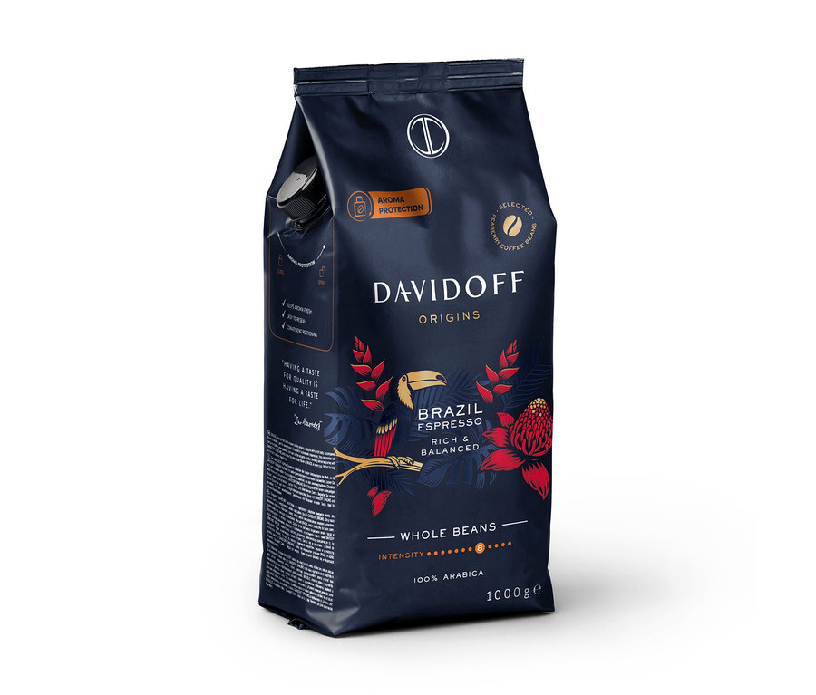 Schwarze Packung DAVIDOFF CAFÉ ORIGINS Brazil mit 1 kg ganzen Bohnen.