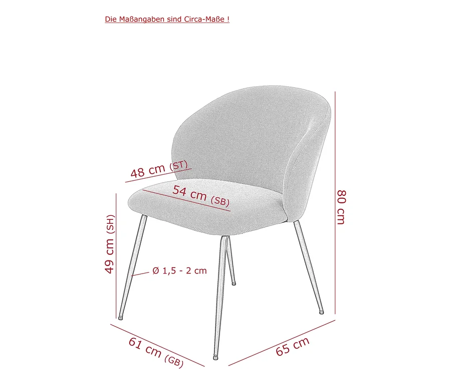 Strichzeichnung eines gepolsterten Hela Stuhls Graz mit geschwungener Rückenlehne und schlanken Beinen, mit Maßen: 80 cm hoch, Sitzhöhe 49 cm, Sitztiefe 48 cm, Sitzbreite 54 cm, Gesamtbreite 61 cm, Gesamttiefe 65 cm, Beindurchmesser 1,5-2 cm. Die Maße sind Circa-Angaben.