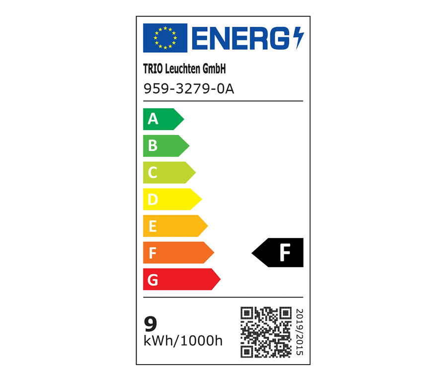 Energielabel für TRIO Leuchten GmbH Modell 959-3279-0A, mit Energieeffizienzklasse F und einem Verbrauch von 9 kWh pro 1000 Stunden.