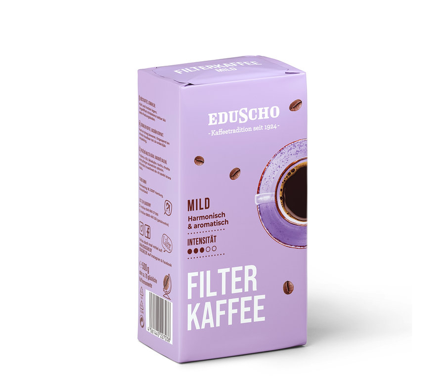 Eine Packung Eduscho Filterkaffee Mild mit einer Abbildung einer Tasse Kaffee.