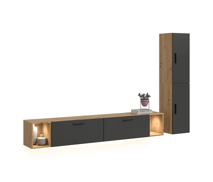 Moderne xonox Wohnkombination »Only« in Holzoptik und Grau, mit beleuchtetem Lowboard mit Schubladen und einem Hochschrank.