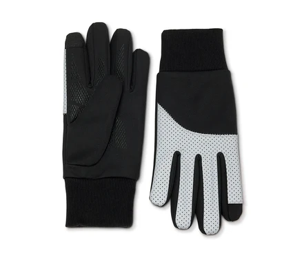 Zwei schwarze Handschuhe mit weißen Details und schwarzem Bündchen.