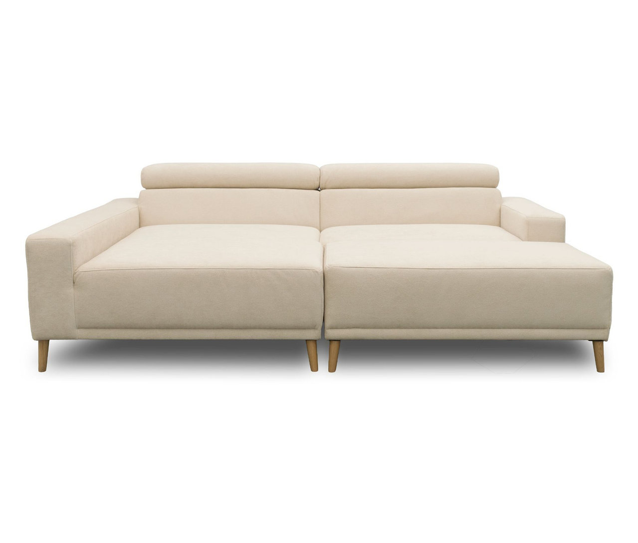 Cremefarbenes DOMO Eck-Schlafsofa „Malmö“ mit Longchair auf der rechten Seite und Holzfüßen.