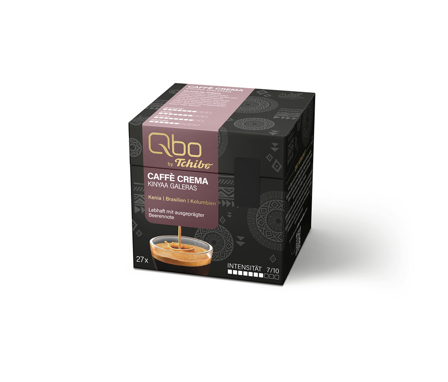 Schwarze Qbo by Tchibo Caffè Crema Kinyaa Galeras Kaffeekapselpackung, 27 Kapseln, Intensität 7/10. Herkunft: Kenia, Brasilien, Kolumbien, mit Beerennote.