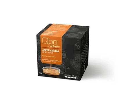 Schwarze und orangefarbene Packung Qbo Caffè MINAS VERDE - 27 Kapseln, mit Bild von Kaffee in einer Tasse und Intensität 8/10.