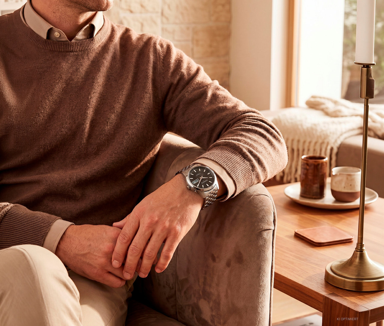 Ein Mann in einem braunen Pullover und beigem Hemd sitzt auf einem Sessel und trägt eine silberne Armbanduhr. Rechts daneben steht ein Holztisch mit einer Lampe und Tassen.