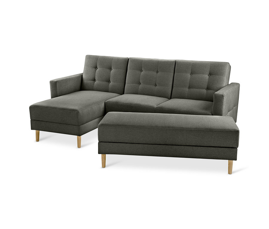 Graues Federkern-Ecksofa »Just Relax« mit getufteter Rückenlehne und separater Stauraumbank, auf hellen Holzbeinen.