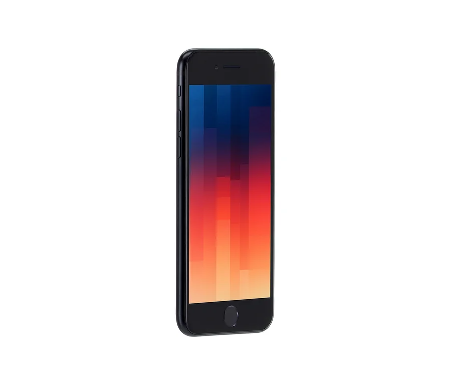 Schwarzes Apple iPhone SE 2022 128 GB mit farbigem Bildschirm.