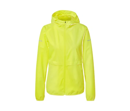 Eine hellgelbe Regenjacke mit Kapuze und Reißverschluss.