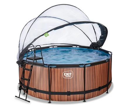 Rundes EXIT Pool-Set »WOOD«, ca. 360 cm, mit Holzoptik-Verkleidung, blauer Wasseroberfläche, schwarzer Leiter und teilweise geöffneter transparenter Kuppelabdeckung.