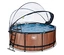 Rundes EXIT Pool-Set »WOOD«, ca. 360 cm, mit Holzoptik-Verkleidung, blauer Wasseroberfläche, schwarzer Leiter und teilweise geöffneter transparenter Kuppelabdeckung.