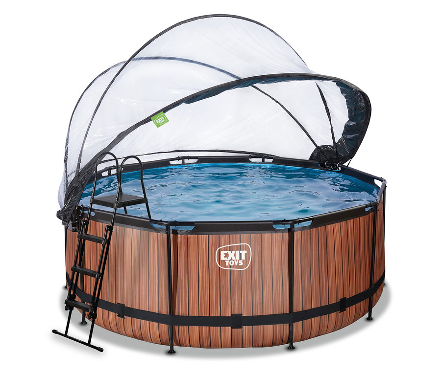 Rundes EXIT Pool-Set »WOOD«, ca. 360 cm, mit Holzoptik-Verkleidung, blauer Wasseroberfläche, schwarzer Leiter und teilweise geöffneter transparenter Kuppelabdeckung.