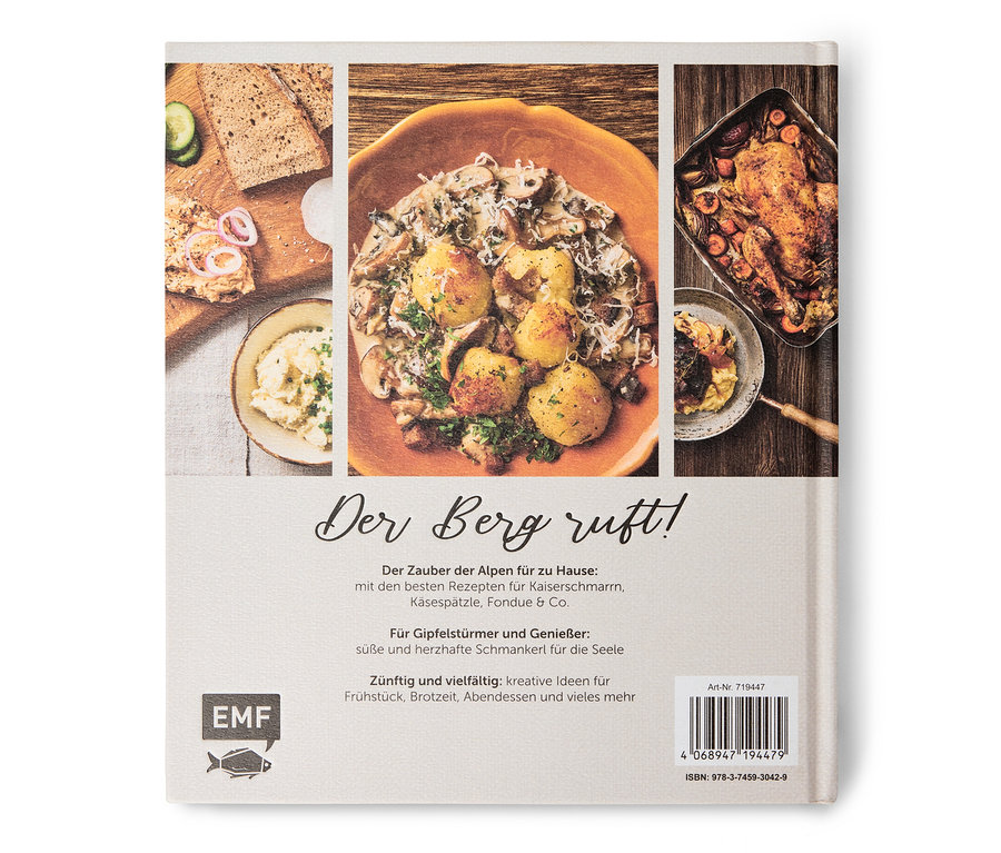 Kochbuch mit Abbildungen von Speisen, darunter Kartoffeln mit Pilzsoße, Brot mit Gemüse und Brathähnchen.