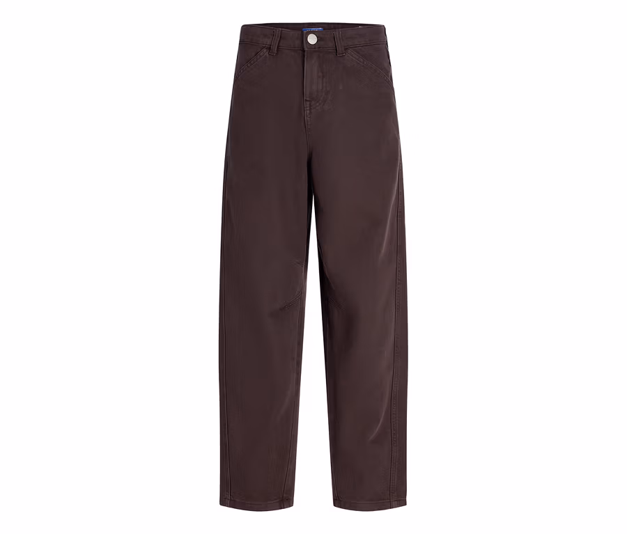 Dunkelbraune Jack&Jones Twist Hose mit weitem Bein und Knopfverschluss.