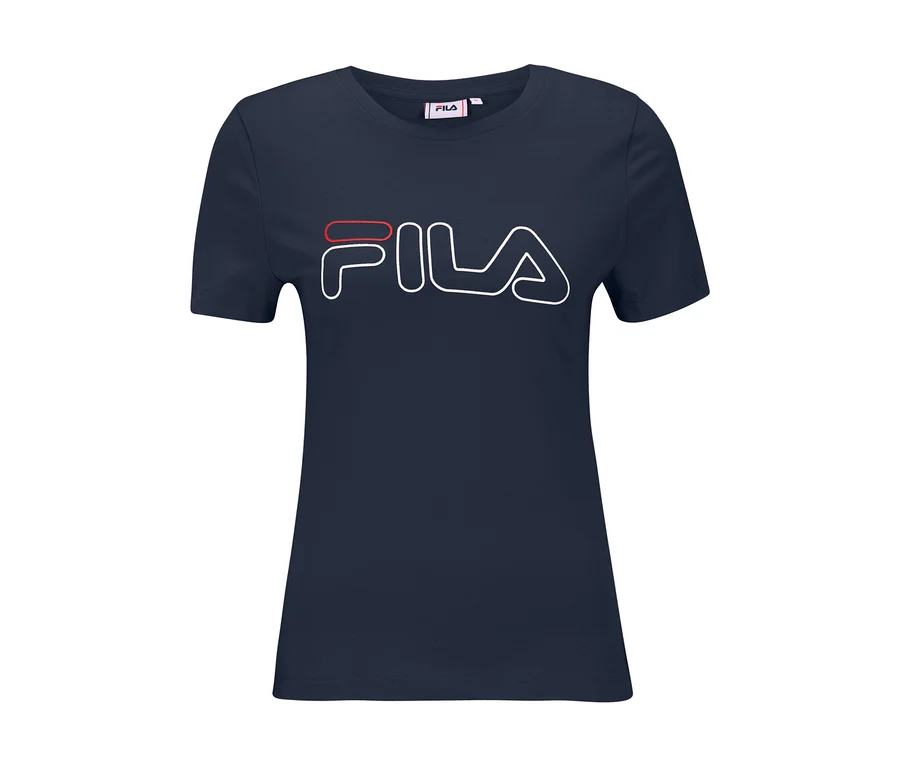 Dunkelblaues FILA Damen T-Shirt mit weißem Logo und rotem Balken über dem F.