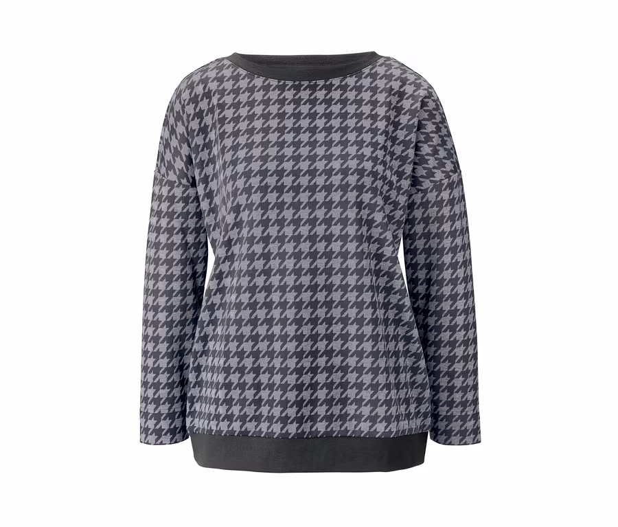 Graues Sweatshirt mit Hahnentrittmuster.