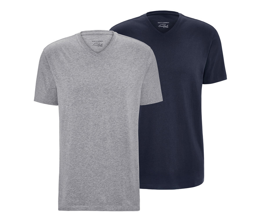 Zwei T-Shirts mit V-Ausschnitt, eins grau und eins dunkelblau.
