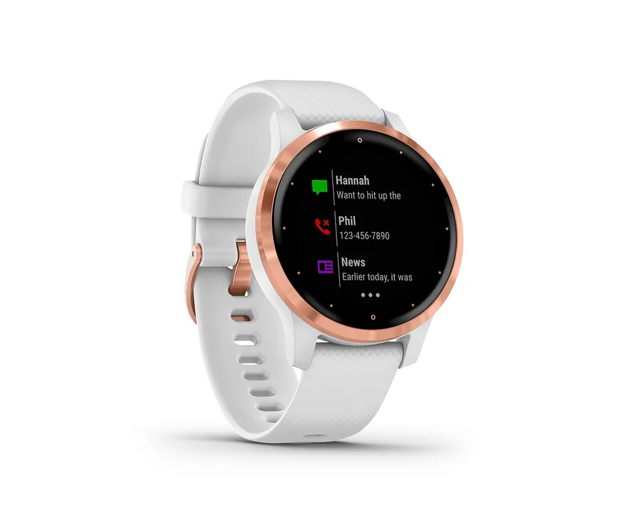 Eine GARMIN Uhr mit weißem Armband und roségoldenem Zifferblatt, die Benachrichtigungen anzeigt.