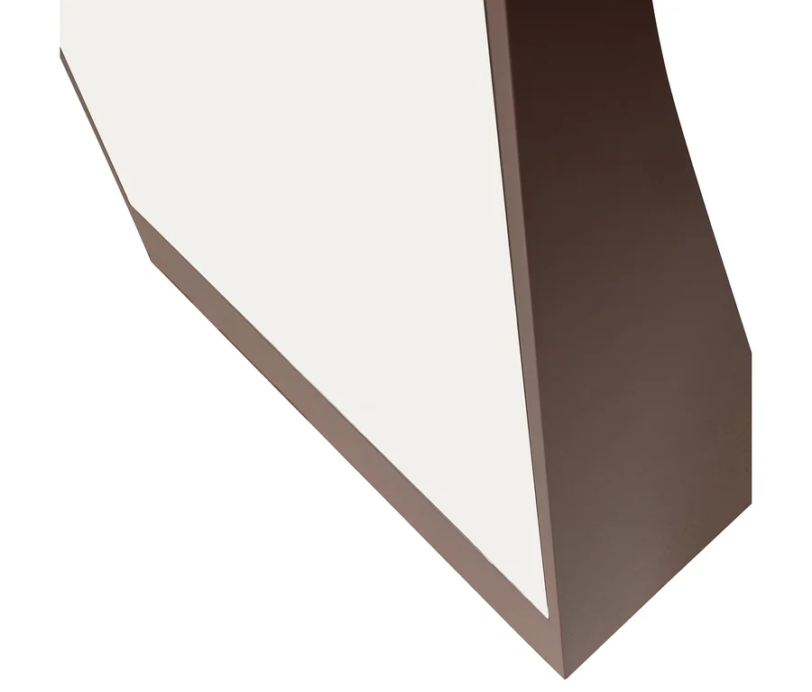 Nahaufnahme eines geometrischen Objekts mit einer weißen, abgewinkelten Fläche, die auf eine dunkelbraune Fläche trifft.