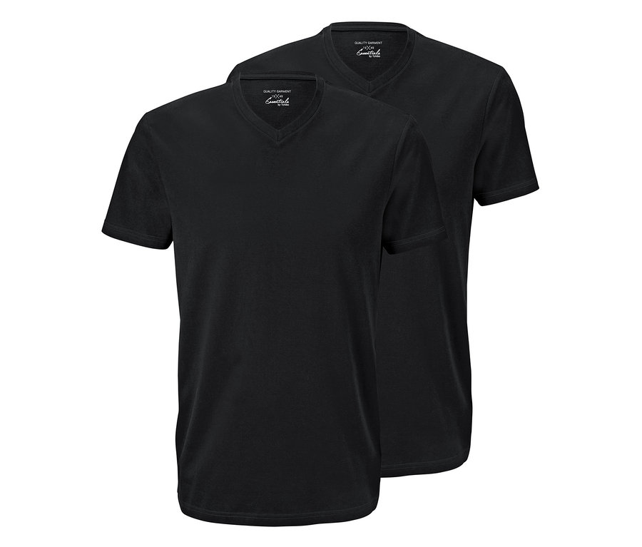 Zwei schwarze T-Shirts mit V-Ausschnitt.