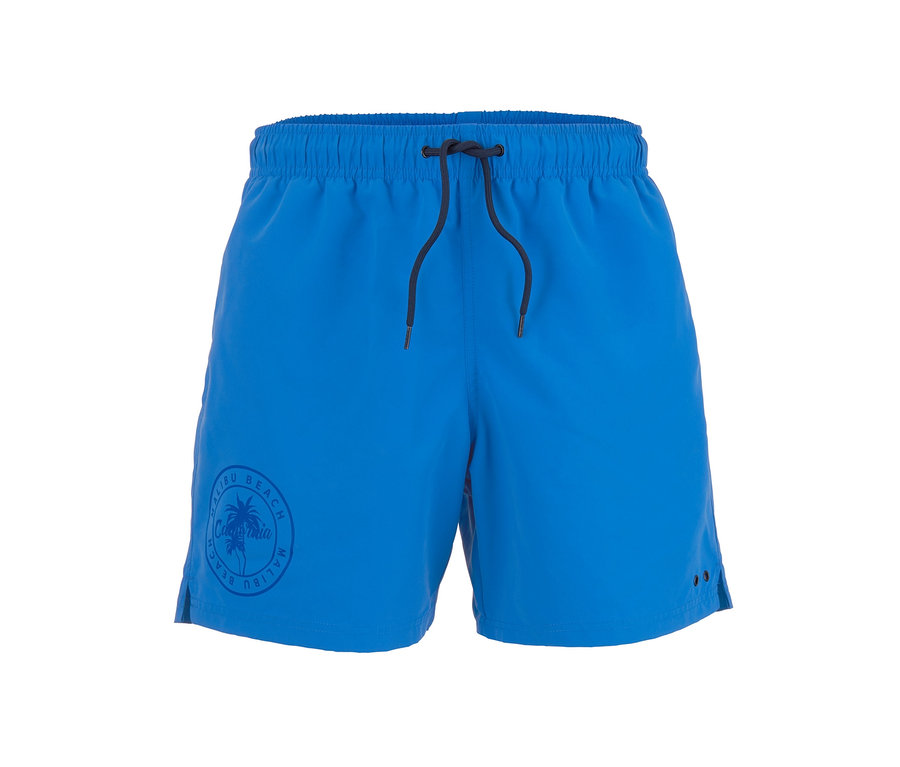 Blaue Badeshorts mit schwarzem Kordelzug und Malibu Beach Logo.