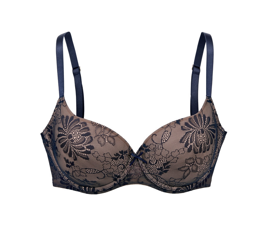 Detailansicht eines Premium-Schalen-BHs mit Blumenspitze und dunkelblauen Trägern.