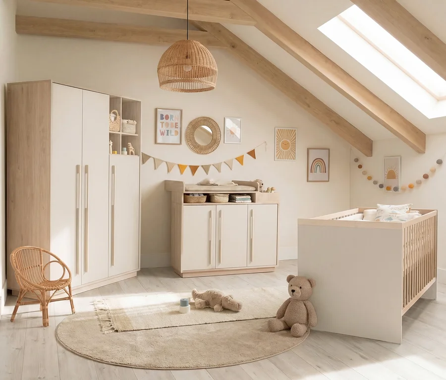 Helles Kinderzimmer mit schräger Decke, Holzbalken und Dachfenster. Links stehen ein weißer und heller Holzschrank und ein kleiner Rattansessel. In der Mitte befindet sich eine Wickelkommode mit Wickelauflage und Stauraum. Rechts steht ein weißes und helles Holzbettchen. Auf dem hellen Holzfußboden liegt ein runder beiger Teppich mit einem Stoffdinosaurier und einem Teddybären. Die Wände sind mit Sonnen- und Regenbogenbildern, einem geflochtenen Spiegel und Girlanden dekoriert. Eine große geflochtene Hängelampe hängt von der Decke.