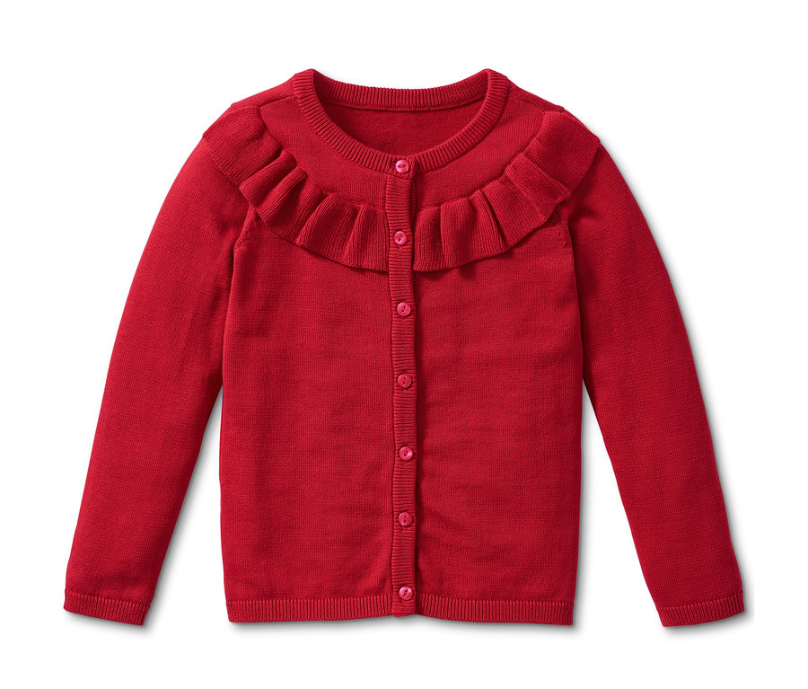 Rote Strickjacke mit Rüschen.
