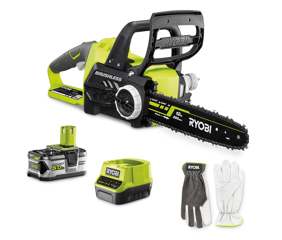 18 V Akku-Kettensägen-Set »OCS1830« mit Ladegerät, 5,0-Ah-Akku und Gartenarbeitshandschuhen.
