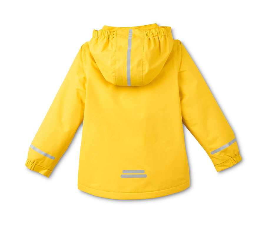 Gelbe Thermo-Regenjacke aus recyceltem Material von hinten, mit Kapuze und reflektierenden Details.