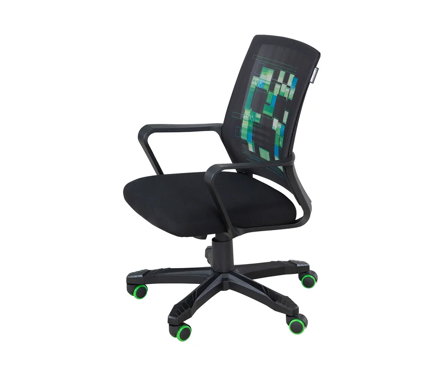 Schwarzer roba Minecraft Gaming-Stuhl mit Armlehnen und grünen Rollen.