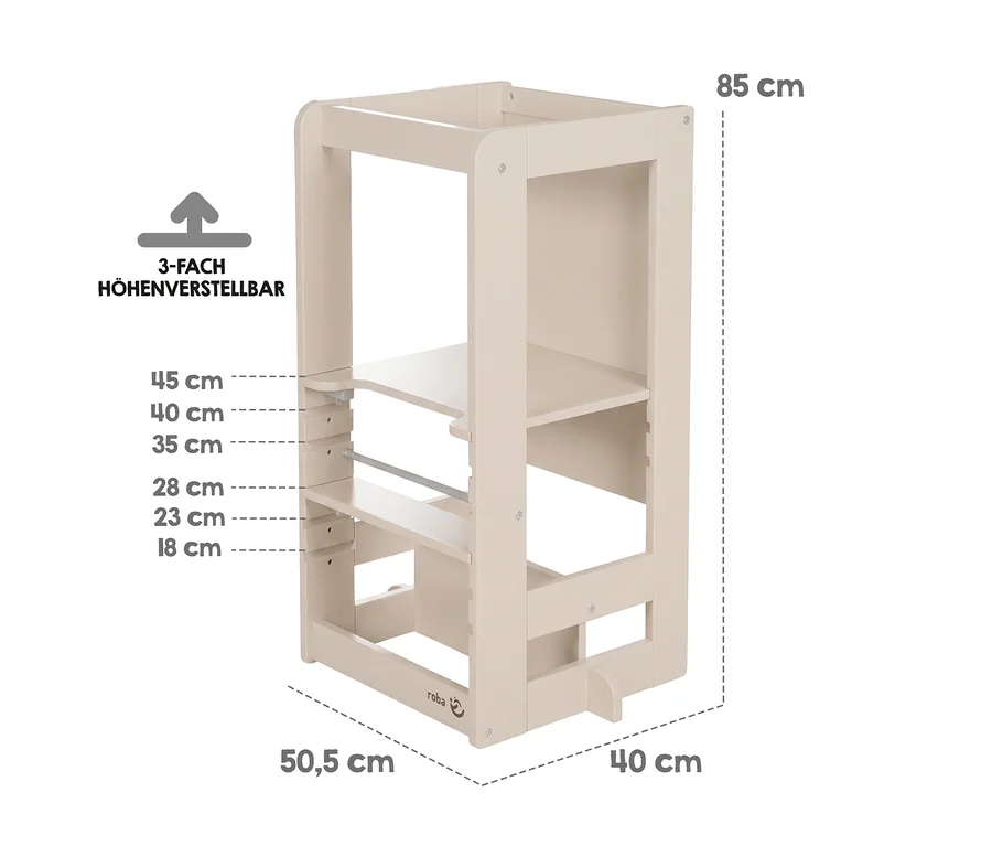 Beiger, 3-fach höhenverstellbarer roba Lernturm aus Holz mit Sicherheitsstange, 85x50,5x40 cm. Plattformhöhen: 18-45 cm.