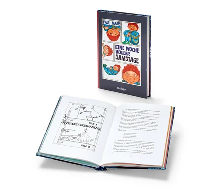Buch "Das Sams – eine Woche voller Samstage" und ein offenes Buch mit Illustrationen.
