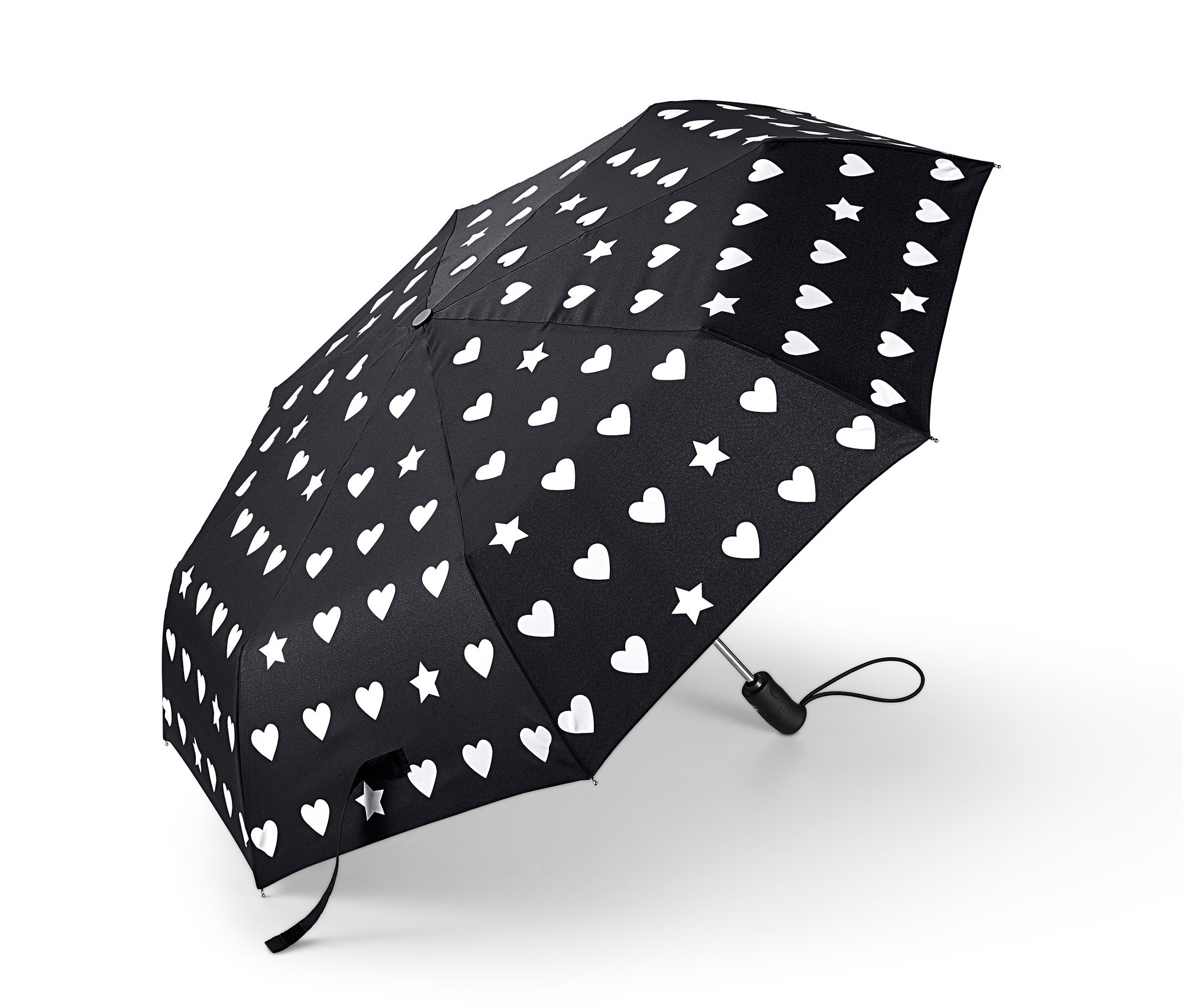 Schwarzer Regenschirm mit weißen Herzen und Sternen.