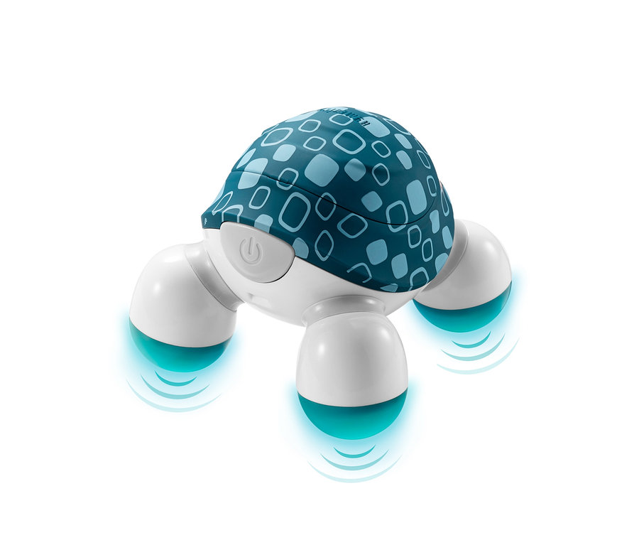 Nahaufnahme eines blau-weißen Mini-Massagegeräts.