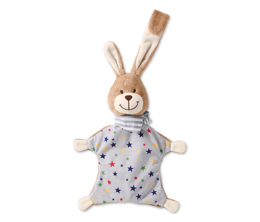 Ein braunes Schnuffeltuch »Hase« mit einem Halstuch mit Sternenmuster.