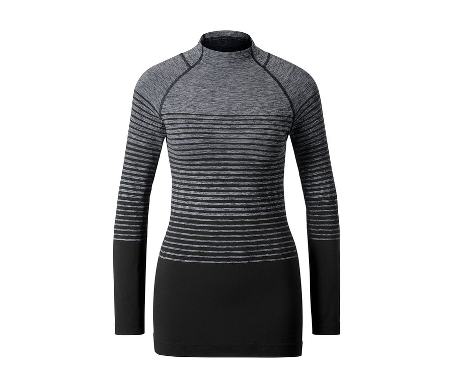 Grau-schwarzes, langärmliges Funktionsshirt mit horizontalen Streifen. Seamless-Funktionsunterwäsche.