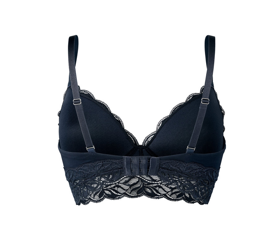 Detailansicht der Rückseite eines Softschalen-BHs mit Spitze und verstellbaren Trägern.