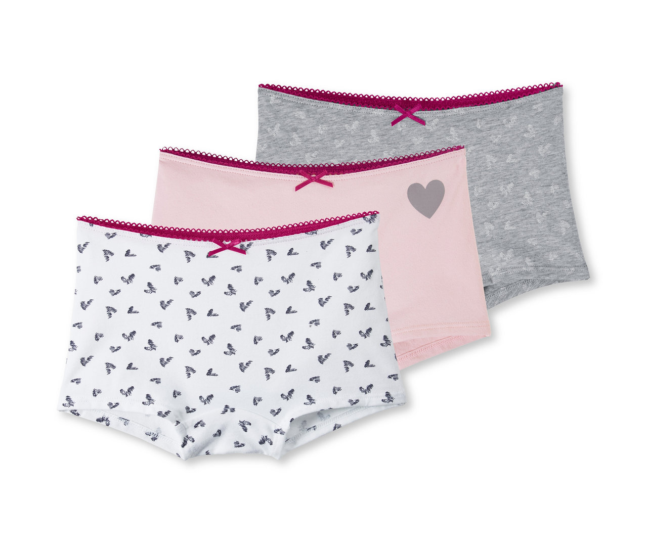Drei Pantys: eine weiße mit Schmetterlingsmuster, eine rosa mit grauem Herz und eine graue mit Herzmuster.