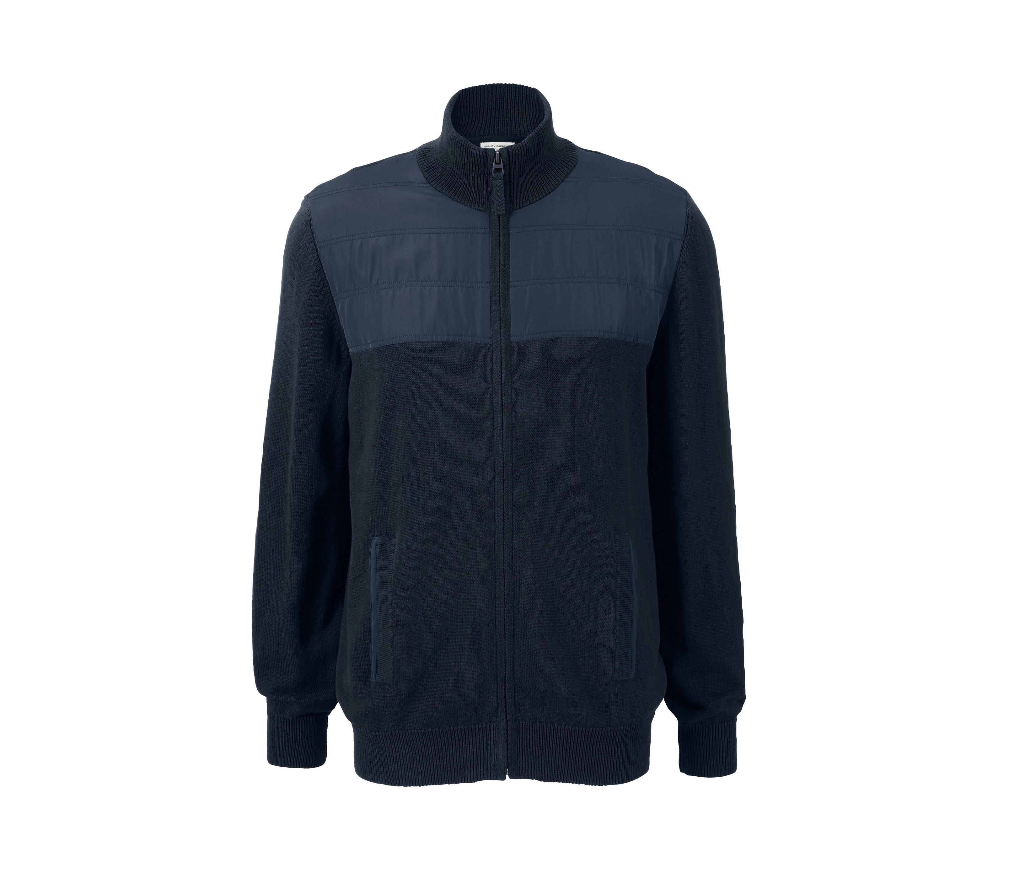 Marineblaue Strickjacke im Materialmix mit Reißverschluss und Stoffeinsätzen.